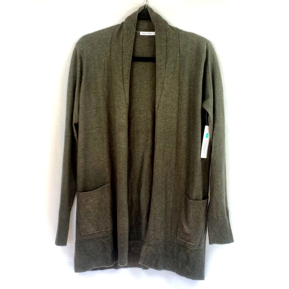 Pink Clover Cardigan Sweater Women Small Olive Green Open Front Shawl Pocket NEW